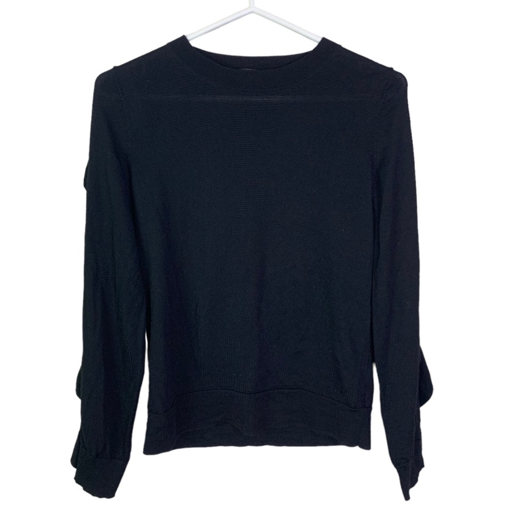 Black Women's Crewneck Sweater With Ruffle Sleeves